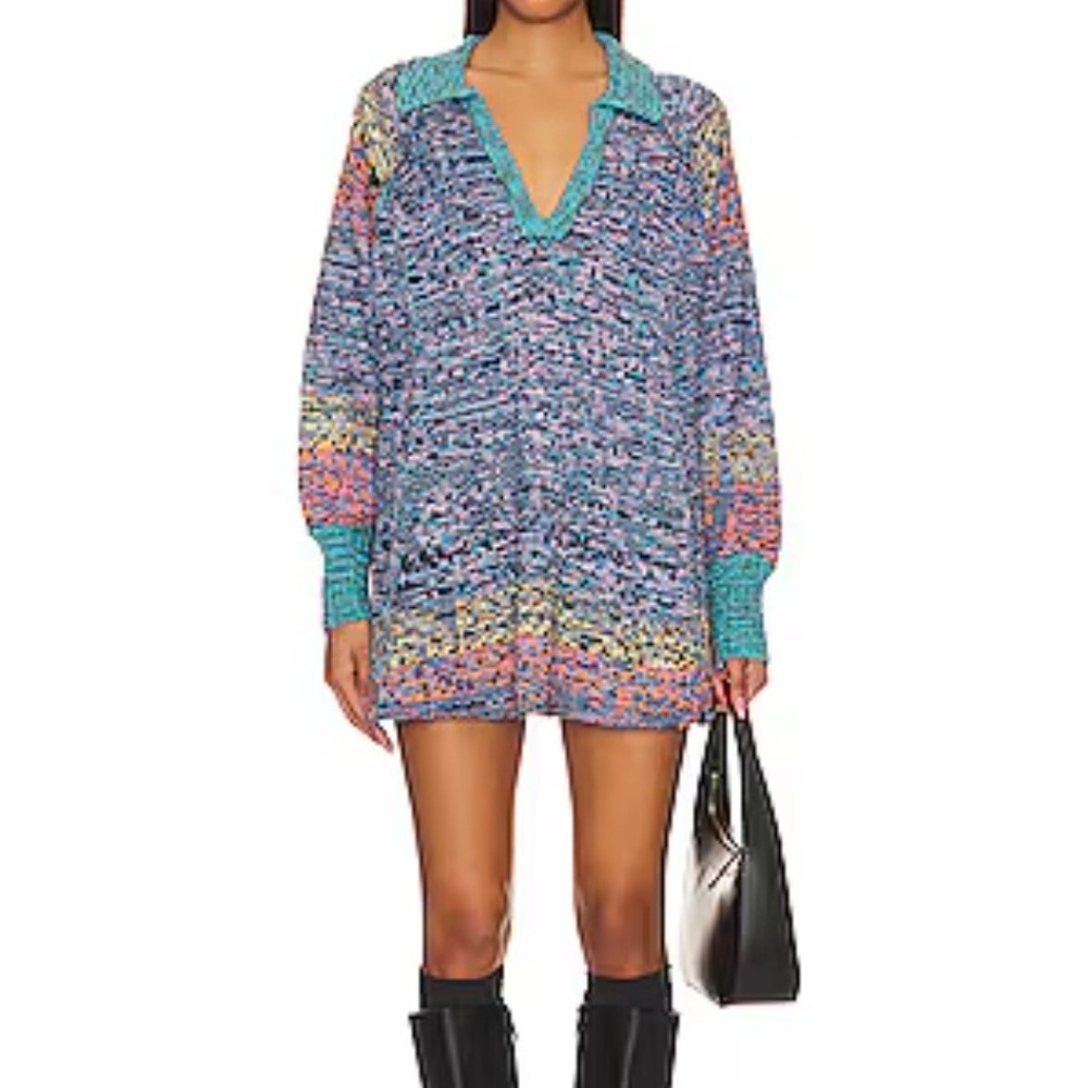 Free People Seasons of Sun Onbre Sweater Knit Mini Dress Tunic Sz M Blue Coral